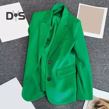 Женский костюм, пальто, лацканы, длинные рукава, карманы с клапанами, пиджак на двух пуговицах, однотонная Свободная рабочая верхняя одежда M зелёный
