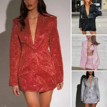 Женский костюм-пальто Платье с блестящими пайетками Slim Fit однобортный однобортный с длинным рукавом с глубоким V-образным вырезом и лацканами длиной выше колена Формальное вечернее платье в деловом стиле S красный