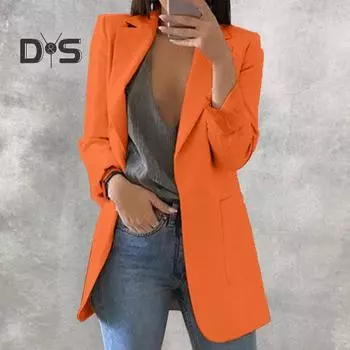 Женский костюм, пальто с лацканами, длинным рукавом, открытой передней частью, пиджак с карманами, облегающий однотонный деловой офисный женский пиджак M хаки
