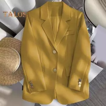 Женский костюм, пальто с лацканами, длинными рукавами, пуговицами, пиджак, однотонная куртка с клапанами, рабочая верхняя одежда, рабочая одежда L слоновая кость