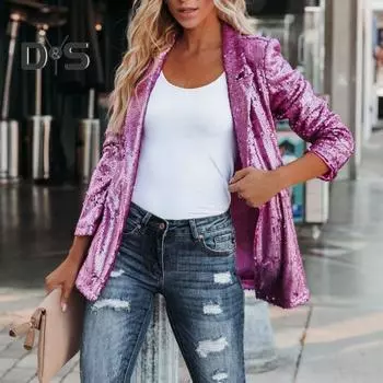 Женский костюм, пальто с лацканами и длинными рукавами, блестящие блестки, декор, пиджак, свободный крой, открытая передняя уличная рабочая верхняя одежда M светло-фиолетовый