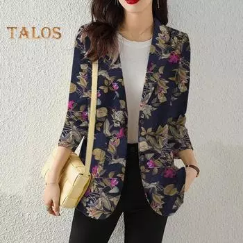 Женский костюм пальто с лацканами с длинным рукавом с цветочным принтом пиджак с одной пуговицей и карманами Дизайнерский костюм Верхняя одежда Спецодежда M хаки