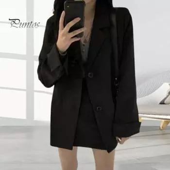 Женский костюм, пальто с лацканами, с длинным рукавом, однобортный пиджак, дизайн с карманами, однотонный, свободный крой, деловая верхняя одежда S чёрный