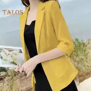 Женский костюм, пальто, тонкое пальто с лацканами и половиной рукава, однотонное пальто свободного покроя с одной пуговицей, пиджак с карманами 2XL чёрный