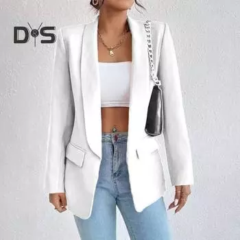 Женский костюм, пальто, весна-осень, однотонный деловой костюм, пальто с лацканами и длинными рукавами, карманы с клапанами, куртка с открытым передом L чёрный