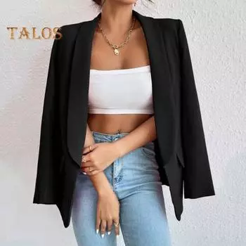 Женский костюм, пальто, весна-осень, однотонный деловой костюм, пальто с лацканами и длинными рукавами, карманы с клапанами, куртка с открытым передом M розы красного