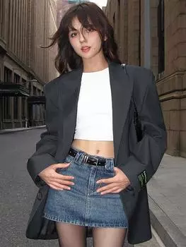 Женский костюм, пиджак, пальто, офисный женский пиджак, широкое плечо, весна-осень, верхняя одежда, наряды, женские топы L серый