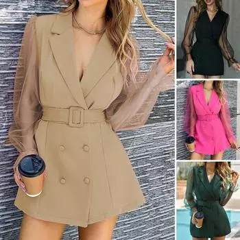 Женский костюм-платье с прозрачными сетчатыми рукавами и поясом с узкой талией и отложным воротником, двубортное деловое офисное мини-платье в деловом стиле M розы красного