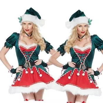 Женский костюм помощника Санты для взрослых, Рождественский костюм эльфа, комплект, платье, шляпа с поясом, пальто, косплей XL