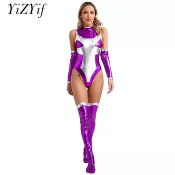 Женский костюм принцессы-героини на Хэллоуин, трико без рукавов, боди с перчатками и чулками до бедра, комплект для косплея космической девушки S