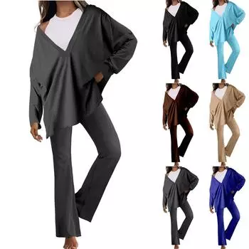 Женский костюм с длинным рукавом, хлопковый костюм, женский костюм-двойка, повседневная двусторонняя футболка больших размеров, топ, спортивный спортивный костюм для тренировок M чёрный