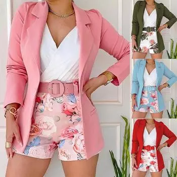 Женский костюм с длинными рукавами + шорты, мягкие однотонные деловые офисные блейзеры, женская куртка + брюки с цветочным принтом + ремень, комплект из трех предметов XXL красный