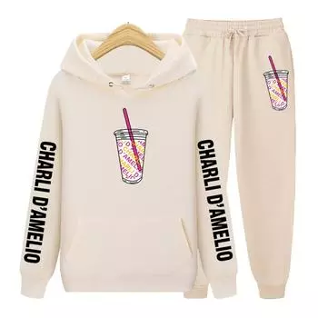 Женский костюм с капюшоном и длинными рукавами, спортивный костюм Charli DAmelio, толстовка, флисовая толстовка + спортивные штаны, спортивный костюм S
