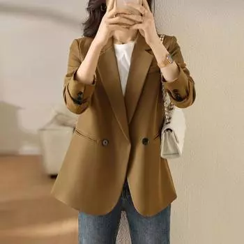 Женский костюм с карманами, лацканами, длинными накладными плечами, рукавами, двумя пуговицами, пальто с пиджаком, однотонный цвет L хаки