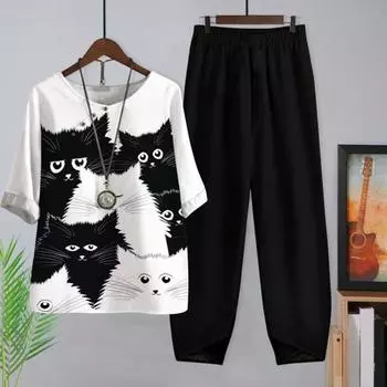 Женский костюм с круглым вырезом и половиной рукавов, рубашка с принтом, черные брюки, комплект из двух предметов, повседневная одежда, хлопково-льняная футболка XL чёрный