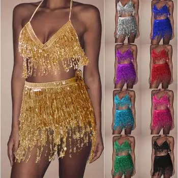 Женский костюм с пайетками на животе, юбка-бандаж с кисточками и жилет в комплекте One Size чёрный