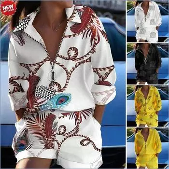 Женский костюм с принтом, летняя мода, с воротником-поло, на молнии, с короткими рукавами и шортами, комплект из 2 предметов, повседневный свободный женский спортивный костюм, пляжная одежда, комплект из 2 предметов XXXXL