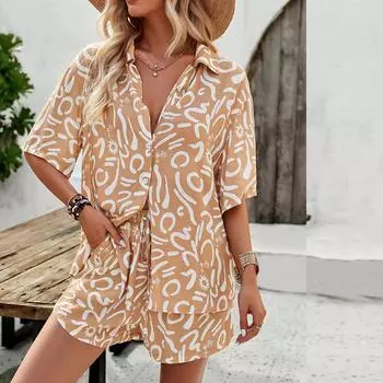 Женский костюм с принтом, свободный повседневный комплект из двух предметов S чёрный