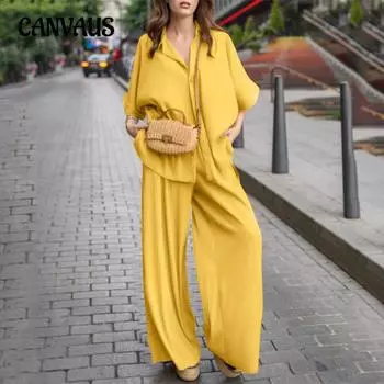 Женский костюм с рубашкой и брюками больших размеров, повседневный однотонный модный костюм с широкими брюками