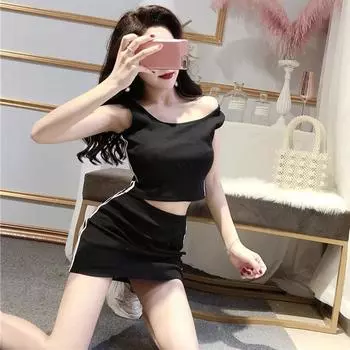 Женский костюм с юбкой, круглый вырез, полосатая майка без рукавов + полосатая мини-юбка, комплект из двух предметов One Size