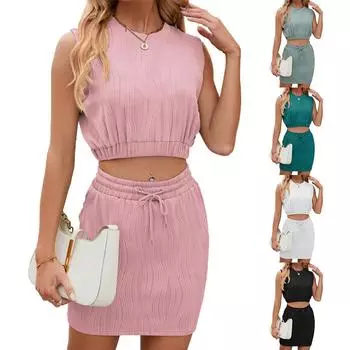 Женский костюм с юбкой, летняя однотонная блузка без рукавов с круглым вырезом и облегающая юбка для женщин