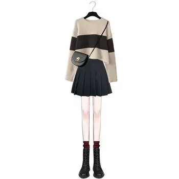 Женский костюм с юбкой в полоску, свитер с цветными блоками, плиссированная юбка, комплект из двух предметов, весна-осень, пуловер, свитер, короткая юбка JK, комплект, наряды S