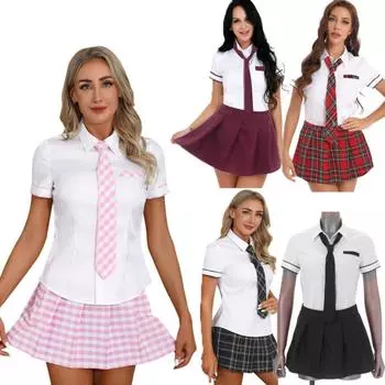 Женский костюм школьницы для косплея, 3 шт., школьная форма, рубашка с короткими рукавами, клетчатая юбка и комплект с галстуком S