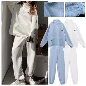 Женский костюм, спортивная одежда, корейский стиль, свободный модный повседневный комплект из двух предметов для бега L синий