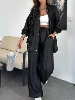 Женский костюм светло-серого цвета с брюками палаццо, курткой со стойкой, белым кроп-топом, повседневная офисная одежда S чёрный