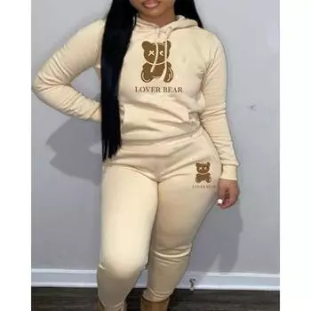 Женский костюм, свитер с капюшоном, спортивные штаны, цветовое соответствие, костюм с принтом медведя 3XL белый