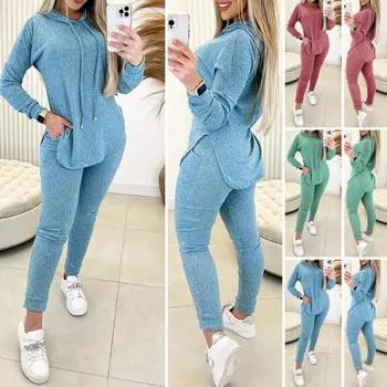 Женский костюм, толстовка с капюшоном, брюки с высокой талией и длинными рукавами, удобно носить стильный костюм XL синий