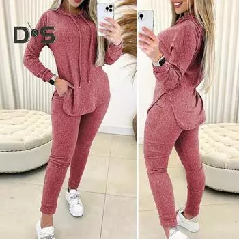 Женский костюм, толстовка с капюшоном, брюки с высокой талией и длинными рукавами, удобно носить стильный костюм XL синий