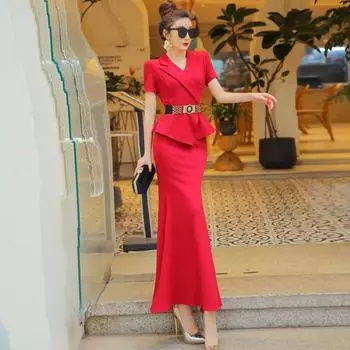 Женский костюм топ-бренда в модном западном стиле, придающий молодой вид Red(With belt) L