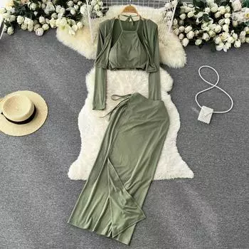 Женский костюм-тройка Осенний топ-халтер на тонких бретелях Кардиган с длинными рукавами Рубашка Юбка макси с разрезом и высокой талией One Size