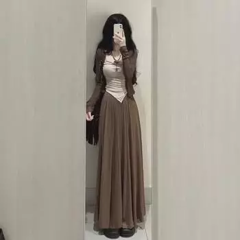 Женский костюм-тройка: Стиль Pure Desire осень 2025 года — кардиган с длинными рукавами, жилет на подтяжках и широкие брюки. M