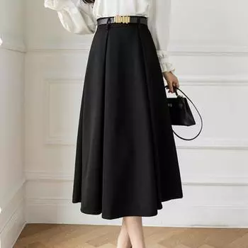 Женский костюм-юбка, летняя корейская модная шикарная элегантная женская юбка трапециевидной формы с высокой талией для пригородных поездок, профессиональная юбка для торжественных случаев S чёрный
