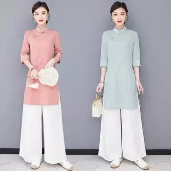 Женский костюм в китайском стиле, рубашка и брюки с воротником-стойкой в стиле ретро с художественной вышивкой 2XL зелёный