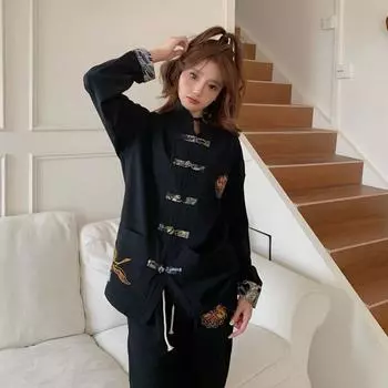 Женский костюм в китайском стиле с вышивкой, модное пальто, костюм Тан M чёрный