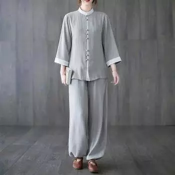 Женский костюм в китайском стиле, удобная одежда для выступлений, топ с длинными рукавами и брюки, комплект из двух предметов 2XL белый