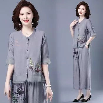 Женский костюм в стиле ретро для весны и лета больших размеров в китайском стиле для людей среднего и пожилого возраста, повседневный топ + широкие брюки Nine-minute, комплект из двух предметов 5XL синий