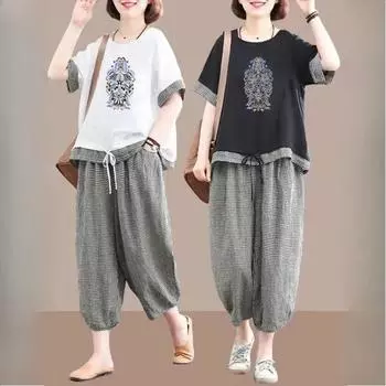 Женский костюм в стиле ретро, повседневный костюм в этническом стиле, летний свободный модный клетчатый костюм из двух частей XXXXXL белый