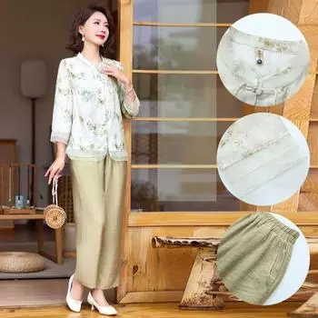Женский костюм в стиле ретро в китайском стиле плюс размер с воротником-стойкой и цветочным принтом с половиной рукавом в стиле пэчворк 4XL хаки