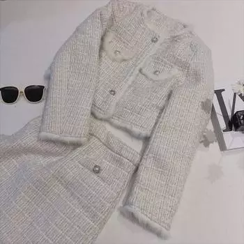 Женский костюм в твидовом стиле: Комплект из короткого пальто и юбки на осень/зиму M