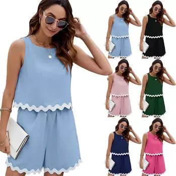 Женский костюм весна-лето новый круглый вырез без рукавов жилет + шорты костюм дамы без рукавов женские брюки S розовый