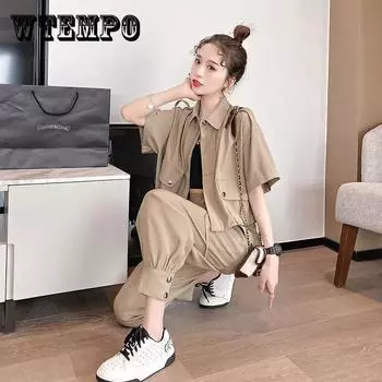 Женский костюм WTEMPO из 2 предметов, весенне-летний свободный повседневный спортивный комплект из двух предметов с короткими рукавами больших размеров XXXXL чёрный