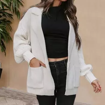 Женский костюм Yousheng, пальто, лацкан, длинный рукав, однотонное трикотажное пальто с карманами, свободный крой, свитер на одной пуговице, пальто L хаки