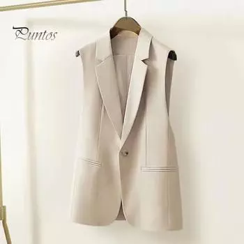 Женский костюм, жилет, застежка на одну пуговицу, кардиган без рукавов с v-образным вырезом и лацканами, средней длины, однотонное деловое деловое пальто для поездок на работу XL бежевый