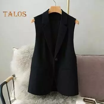 Женский костюм, жилет, застежка на одну пуговицу, кардиган без рукавов с v-образным вырезом и лацканами, средней длины, однотонное деловое деловое пальто для поездок на работу XL чёрный