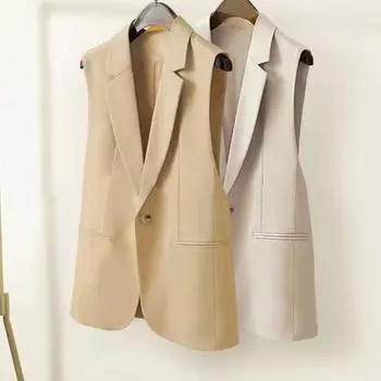 Женский костюм, жилет, застежка на одну пуговицу, кардиган без рукавов с v-образным вырезом и лацканами, средней длины, однотонное деловое деловое пальто для поездок на работу XL бежевый