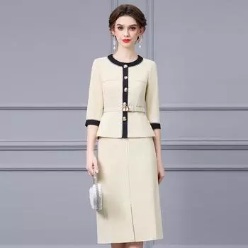 Женский костюм Zhili весна-лето 2025 из ткани контрастного цвета — шикарный комплект из двух предметов: пиджак и юбка с разрезом S